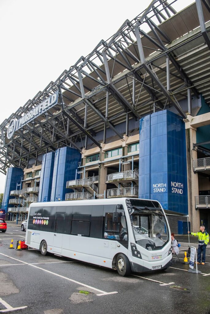 Photo of East Lothian's vaccination bus outside Murrayfield Stadium