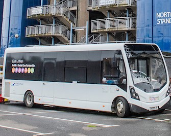 Photo of East Lothian's vaccination bus outside Murrayfield Stadium