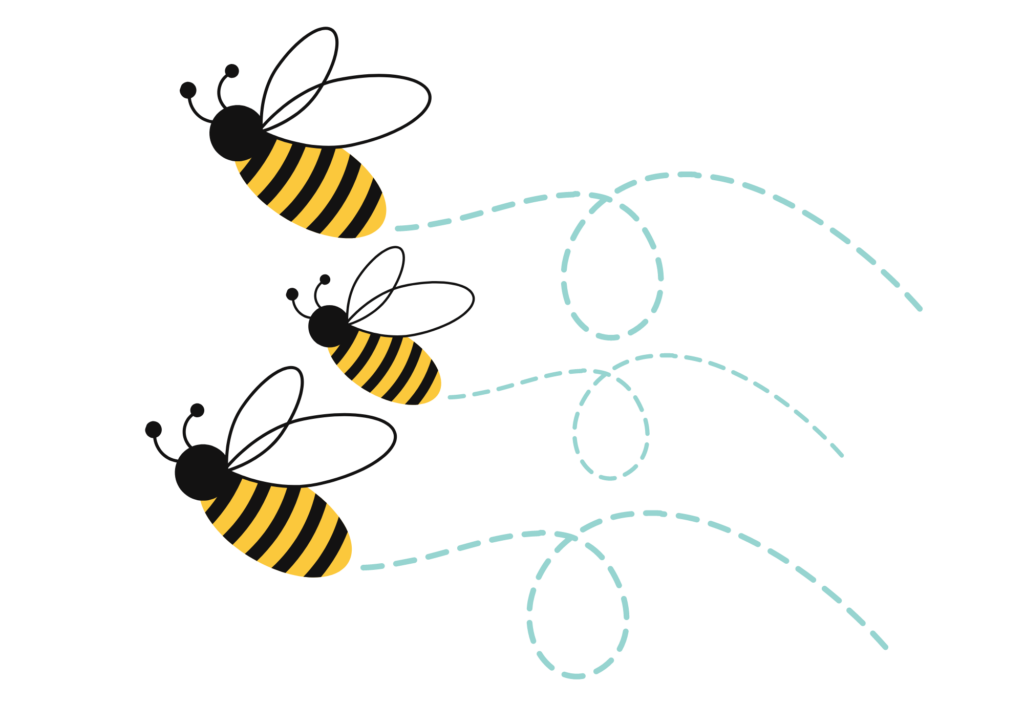 Two large bees and one small bee flying together to the left