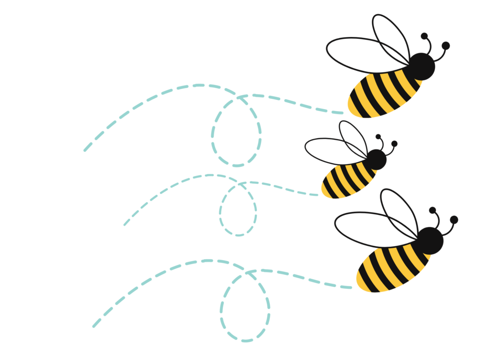 Two large bees and one small bee flying together to the right