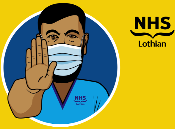 Male nurse in blue uniform wearing a face mask