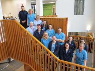 Physiotherapy team standing on large wooden staircase.