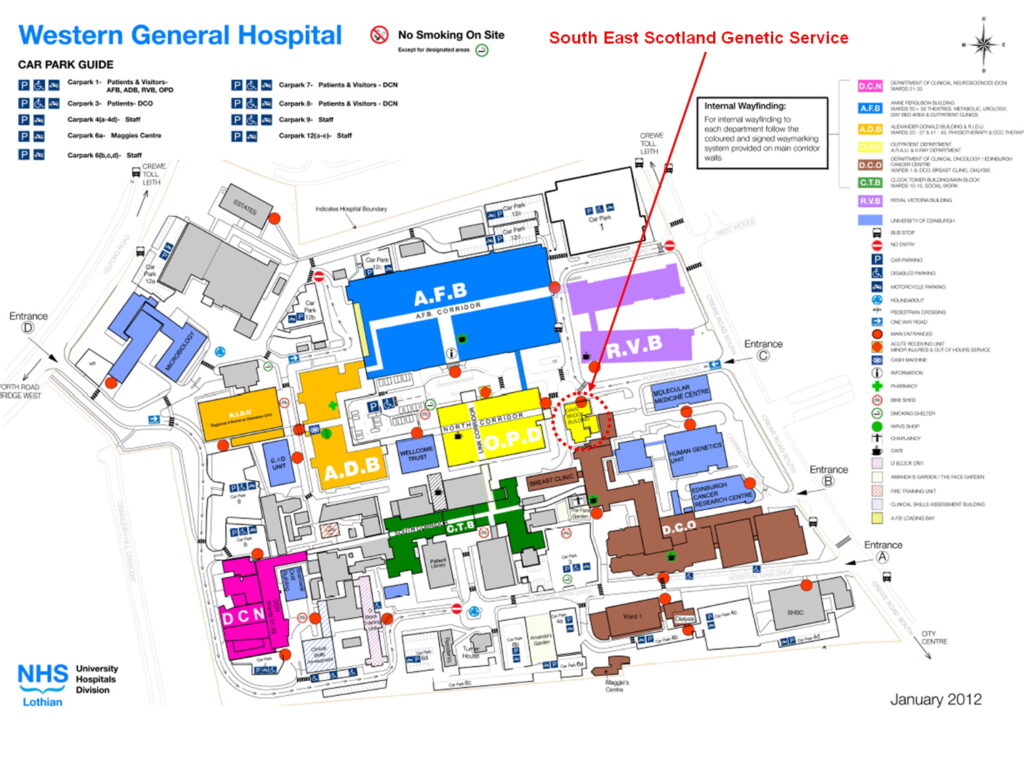 Map graphic showing the location of the Genetics Building on the Western General Hospital site.