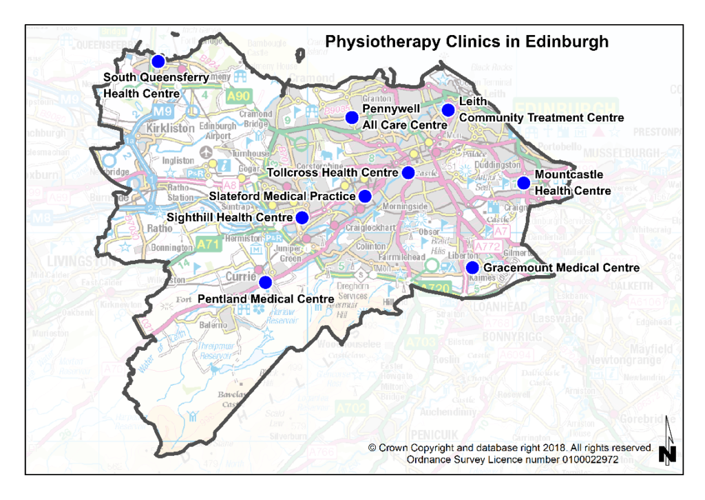 Map of Edinburgh showing where the Physiotherapy clinics are located