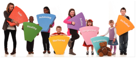 Graphic showing several young people of different ages holding brightly coloured blocks.
