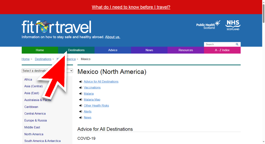 The Fit for Travel website Destinations page
