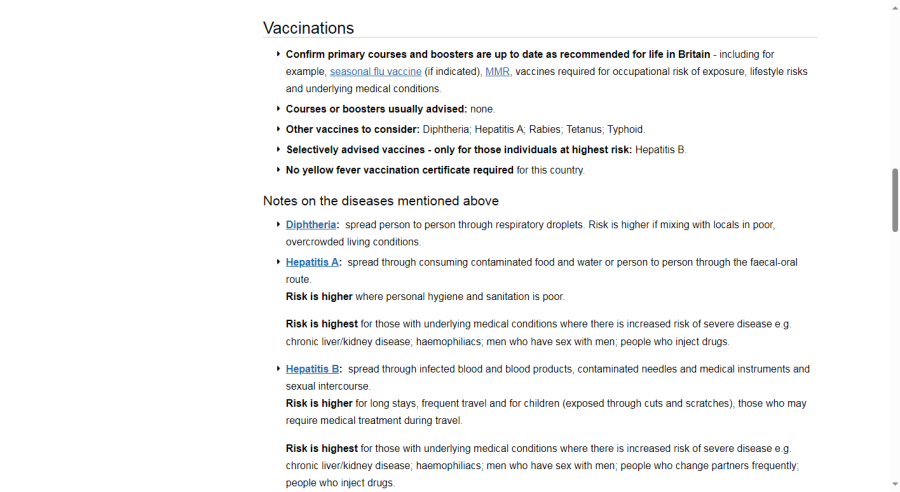 Vaccinations shown on the Fit for Travel website