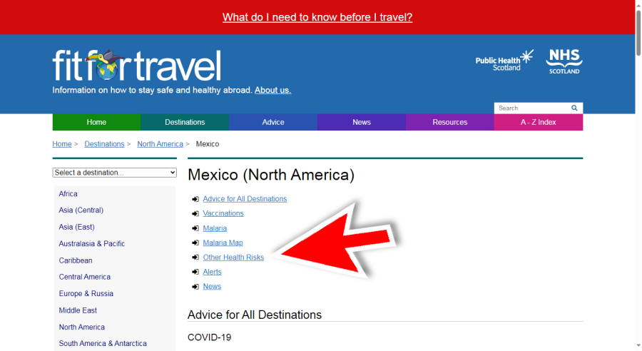 The Fit for Travel website Destinations page