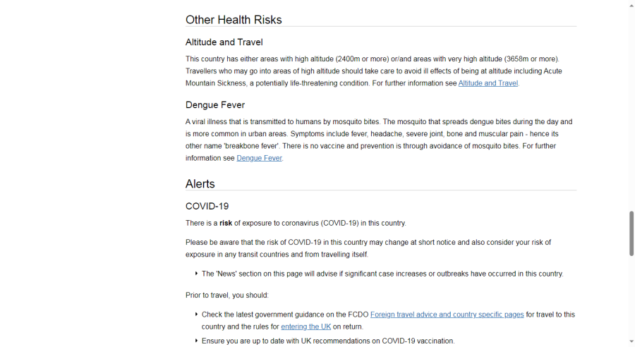 Other Health Risks as shown on the Fit for Travel website