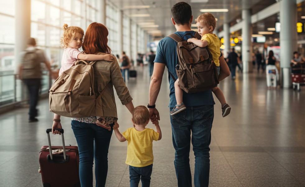 Couple travelling through a busy airport carrying very young children