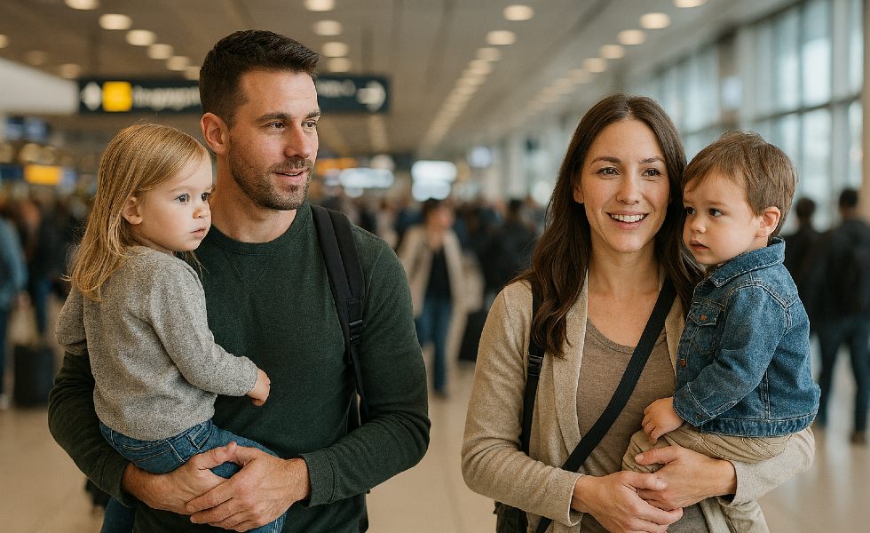 Couple travelling through a busy airport with young children