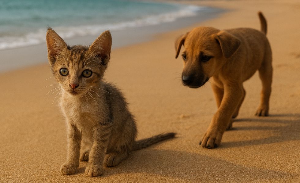 A dog and a cat on a beach