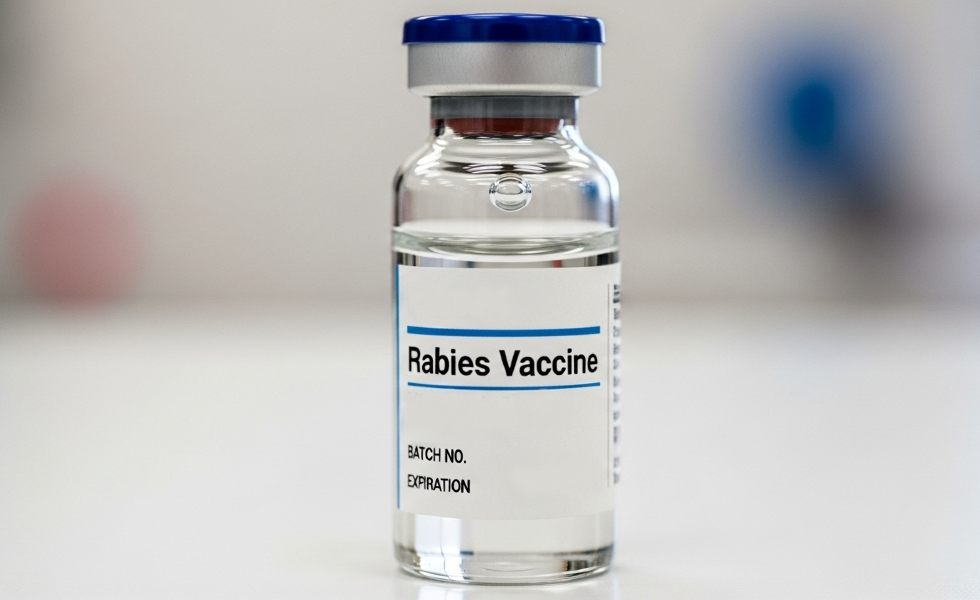 Glass vial of rabies vaccine