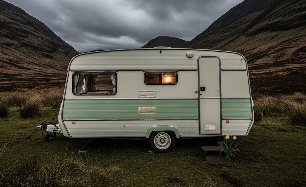 A green and white caravan parked in the Scottish hills