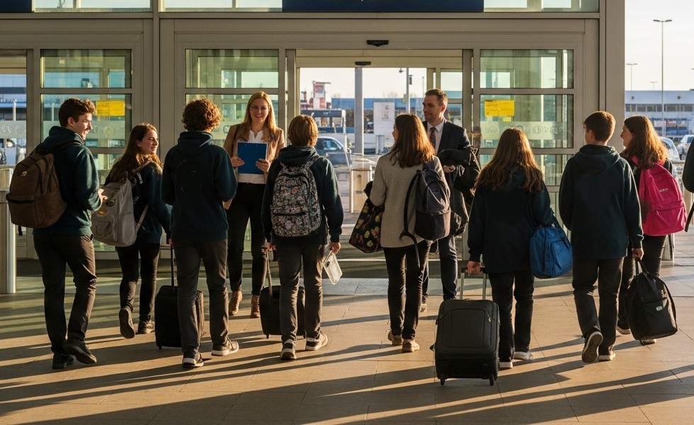 A group of teenagers at the airport with two teachers ready to fly abroad