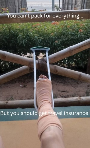 broken leg with crutch in a holiday setting