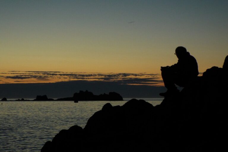 Silhouette of a man watching sunset over water